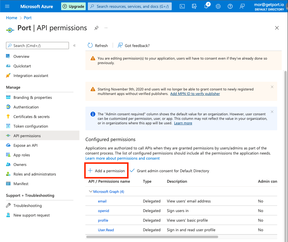 Azure navigation bar API permissions